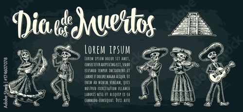 Horizontal poster for Day of the Dead. Dia de los Muertos lettering.