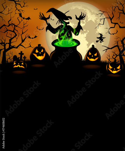 Halloween Party invitation with terrible pumpkins and witch