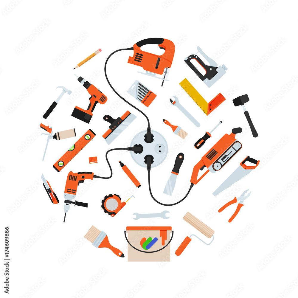 Construction repair tools in circle composition Construction repair tools in circle composition