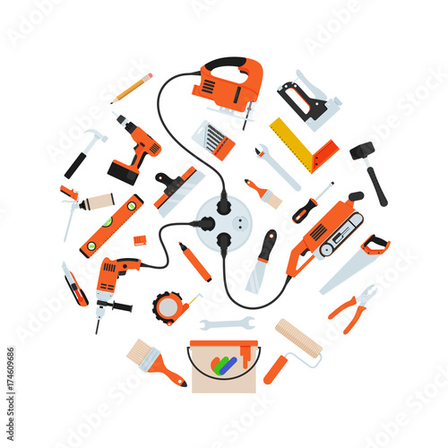 Construction repair tools in circle composition