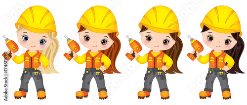 Vector Cute Little Girls Builders Drilling