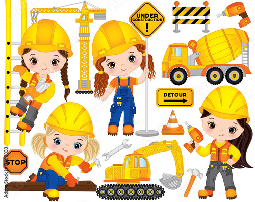 Vector Construction Set with Little Girl Builders, Transport and Tools