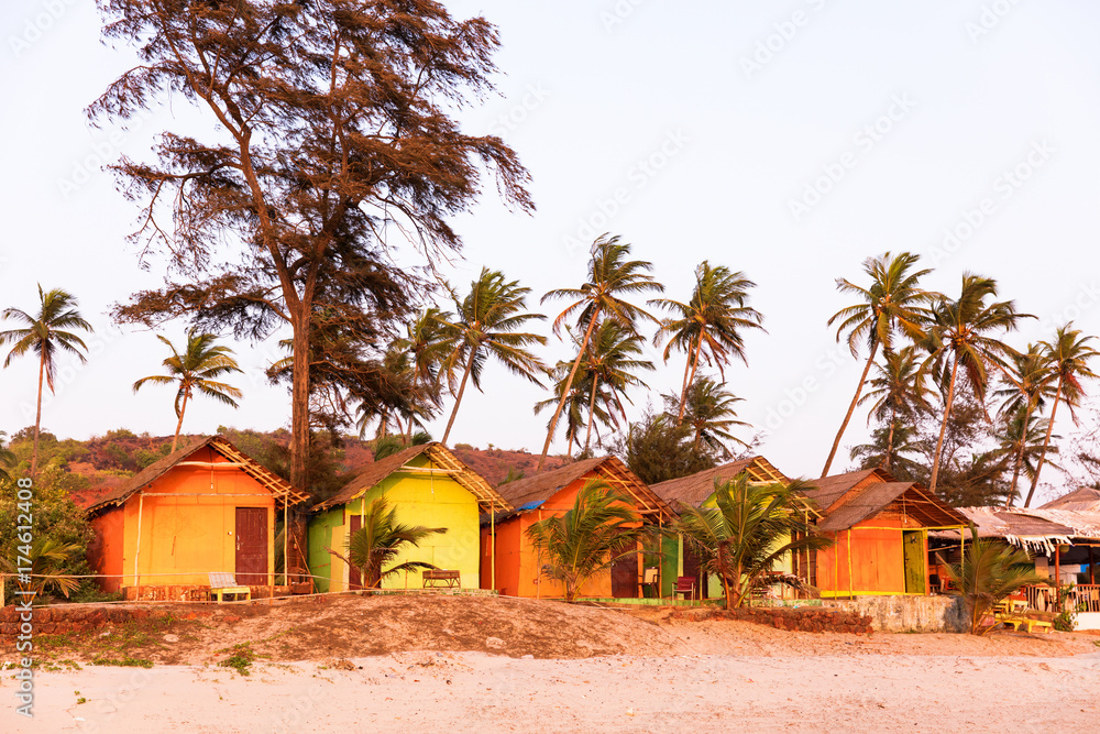 Arambol beach cabins at sunset, Goa Arambol beach cabins at sunset, Goa