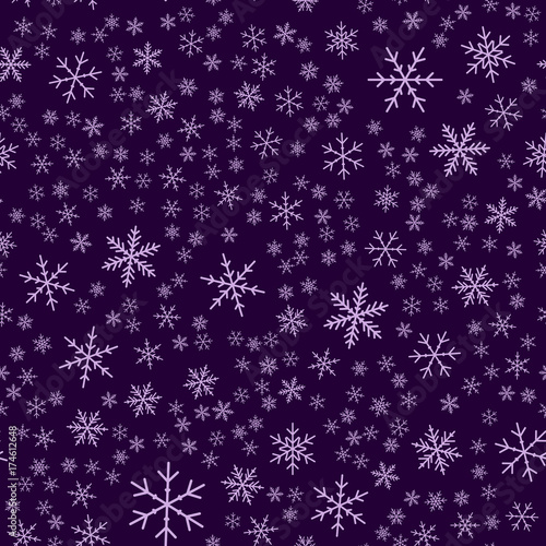 Violet snowflakes seamless pattern on purple Christmas background. Chaotic scattered violet snowflakes. Good-looking Christmas creative pattern. Vector illustration.
