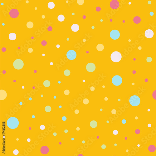 Colorful polka dots seamless pattern on bright 4 background. Cool classic colorful polka dots textile pattern. Seamless scattered confetti fall chaotic decor. Abstract vector illustration.