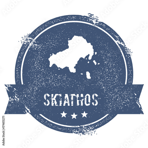 Skiathos logo sign. Travel rubber stamp with the name and map of the island, vector illustration. Can be used as insignia, logotype, label, sticker or badge.