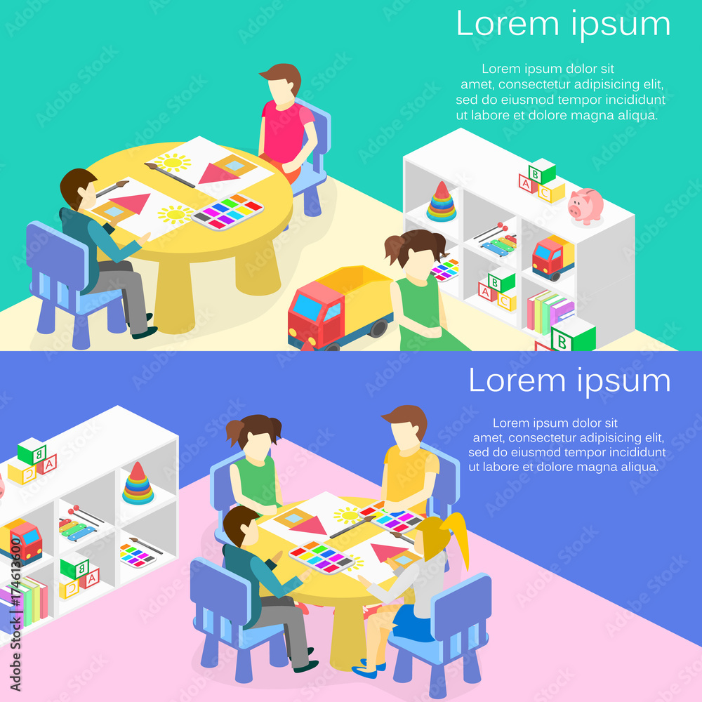 Isometric interior of room in the kindergarten. Children draw. Isometric interior of room in the kindergarten. Children draw.
