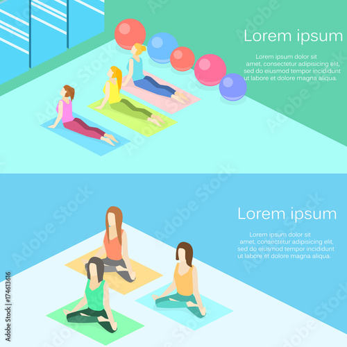 Isometric interior of yoga class. people do yoga.