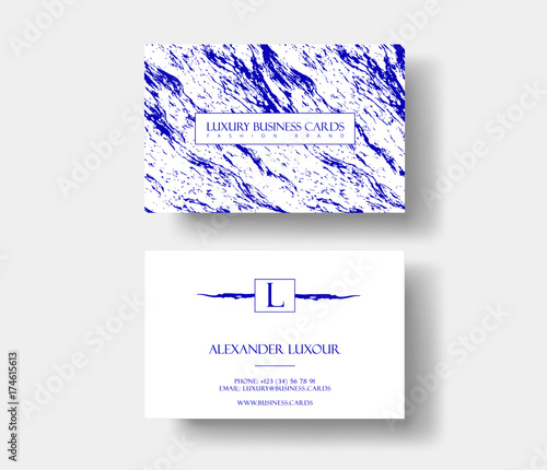 Creative modern fashioner business card, with abstract blue marble texture. Vector design concept. For stylist, makeup artist, photographer. Stylish elegant business cards template. Vector
