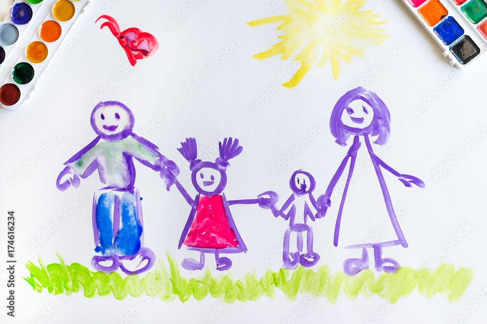 Child's hand paints sketch of the family Child's hand paints sketch of the family