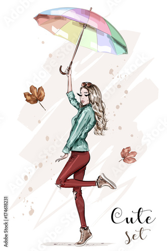 Beautiful young woman with colorful umbrella. Stylish hand drawn girl in fashion clothes. Fashion woman. Sketch. Vector illustration.