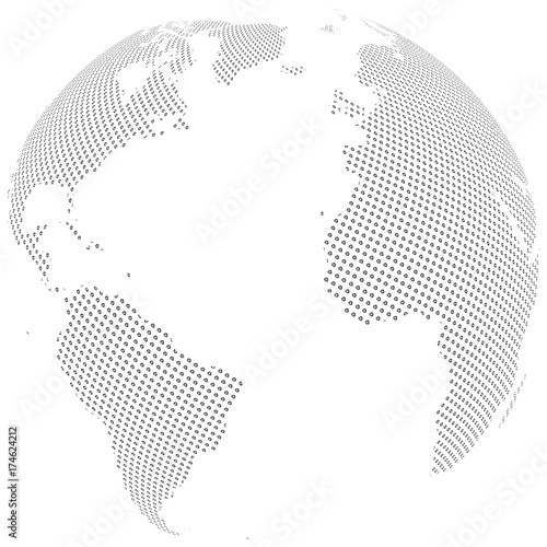 Abstract Globe with Dotted Map. Black and White Halftone Effect Vector Illustration.