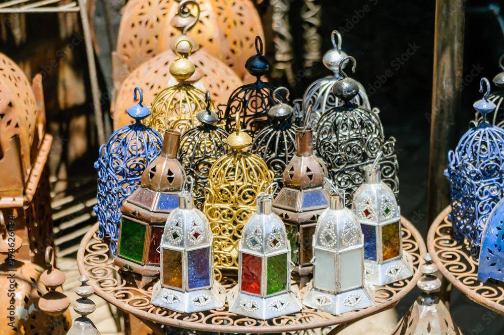 Handmade metal and glass lanterns for sale in the Souks, Marrakech, Morocco  Stock Photo | Adobe Stock