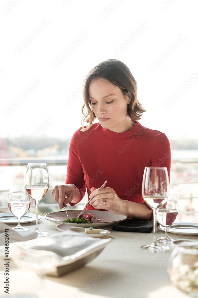 Beautiful Woman in the Red Dress Sitting at the Table Having Lunch at the Restaurant Beautiful Woman in the Red Dress Sitting at the Table Having Lunch at the Restaurant