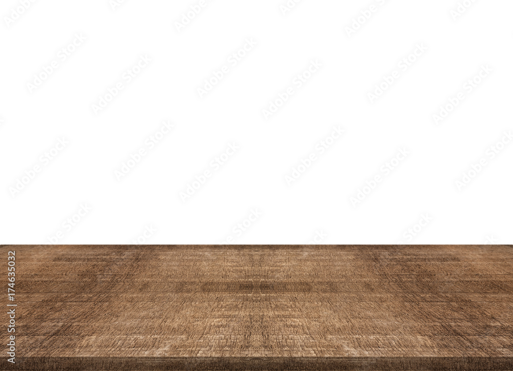 Empty teak wood table top on white background,space montage you product Empty teak wood table top on white background,space montage you product