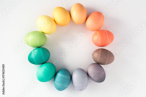 Colorful dyed easter eggs arranged in rainbow circle on white background photo