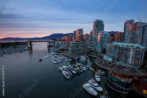 False Creek in Downtown Vancouver, British Columbia, Canada. Taken from an aerial perspective during a colorful sunset.