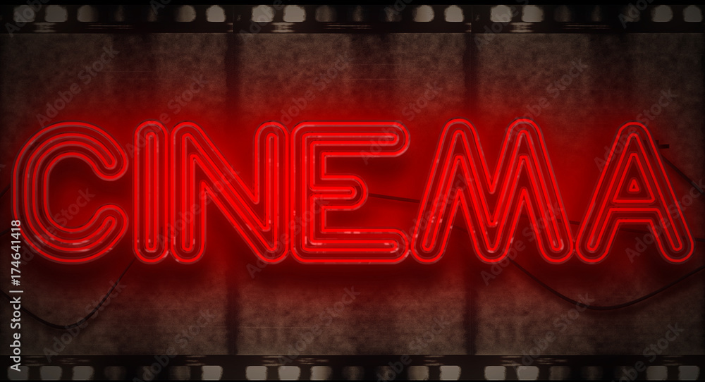 3D rendering flickering blinking red neon sign on  film strip background, cinema movie film entertainment sign - obrazy, fototapety, plakaty 