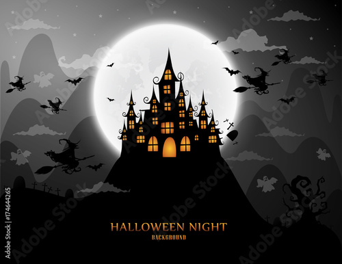 haunted house and full moon with witch and ghost,Halloween night background.Vector illustration.