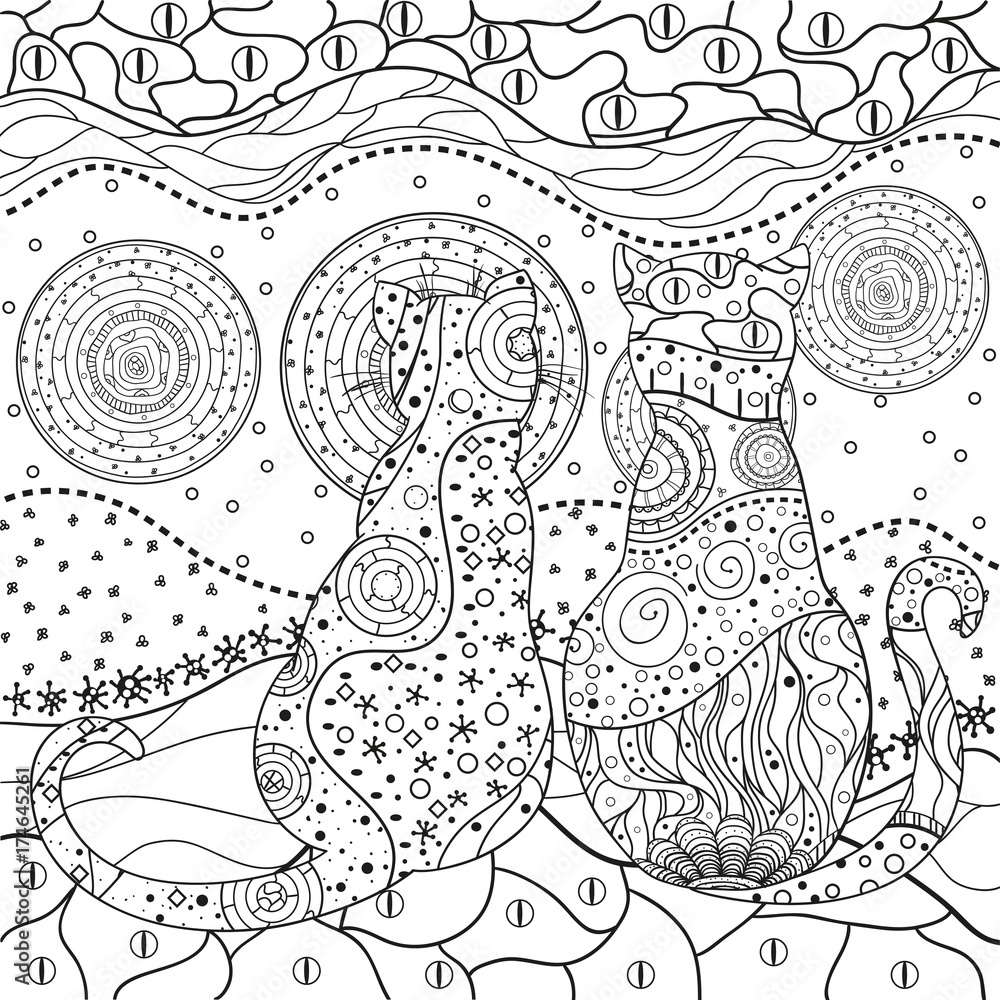 Naklejka premium Pattern with cats. Zentangle. Hand drawn cat with abstract patterns on isolation background. Design for spiritual relaxation for adults. Black and white illustration for coloring. Outline for t-shirts
