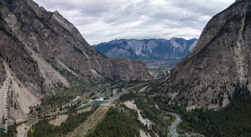 Aerial view of the valley between the mountains before Lillooet, British Columbia, Canada.