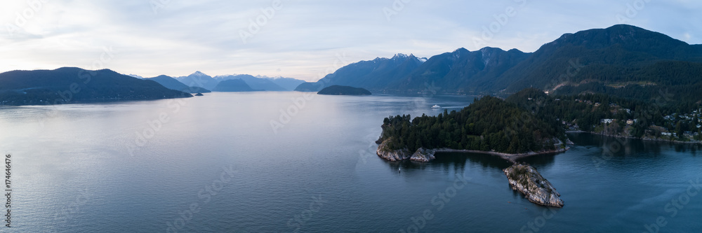 Aerial panoramic view of Whytecliff park in Horseshoe Bay, North Vancouver, British Columbia, Canada.