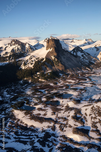 Aerial landscape view of Table Mountain in the Summer time. Taken near Squamish and Whistler, North of Vancouver, BC, Canada.