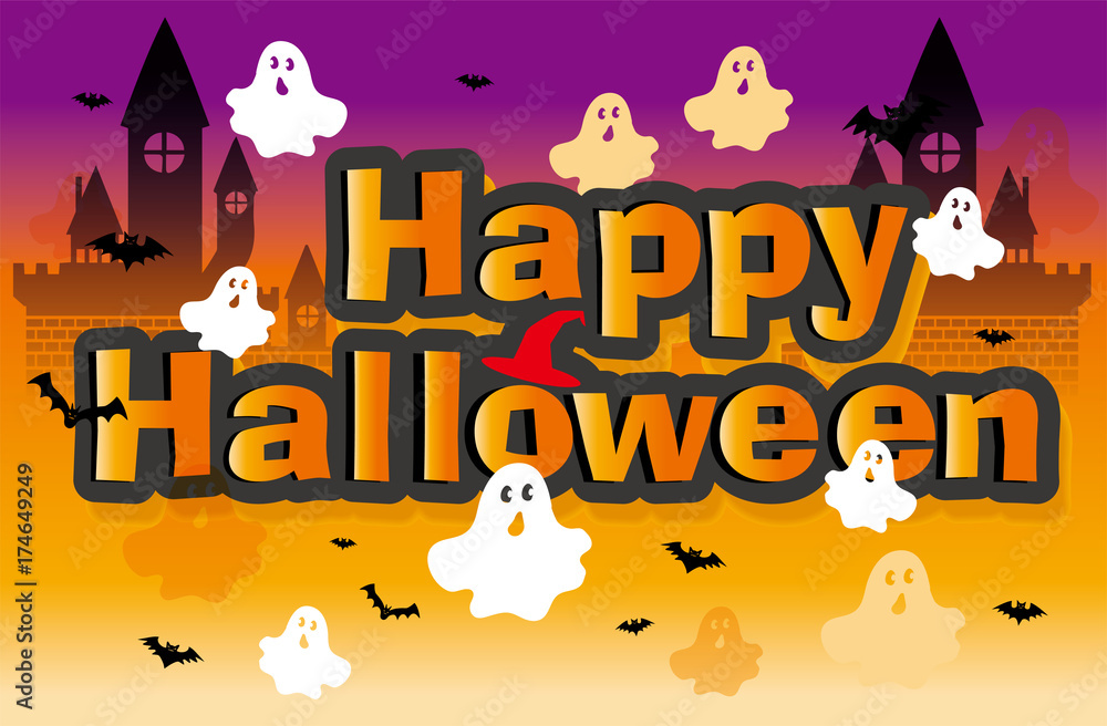 Happy Halloween ハロウィン用イラスト ハロウィンロゴ コウモリ 幽霊 Illustration For Halloween Stock Vector Adobe Stock
