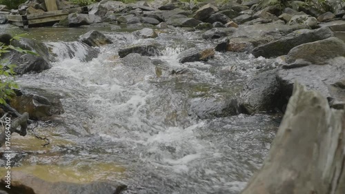 Water flow through rocks very smooth. Rapid mountain river in autumn. Colorfull wood background. River deep in mountain forest. Nature composition. photo