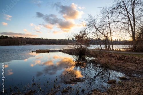 Deer Lake during sunset. Picture taken in Burnaby  Greater Vancouver  BC  Canada  during a winter sunset.