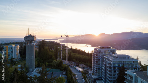 Aerial view of SFU on Burnaby Mountain, Vancouver, British Columbia, Canada. Taken during a bright sunset. photo