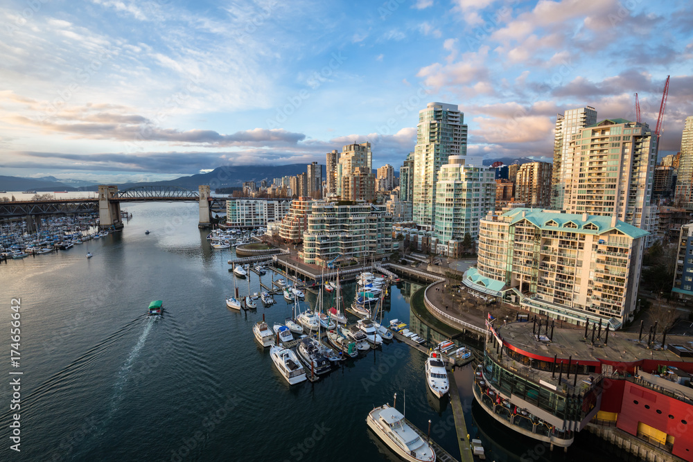Aerial view of the residential buildings in False Creek, Downtown Vancouver, British Columbia, Canada.