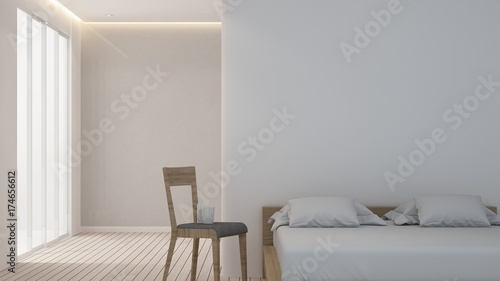 The 3D rendering Bedroom space minimal and wall decoration empty in hotel