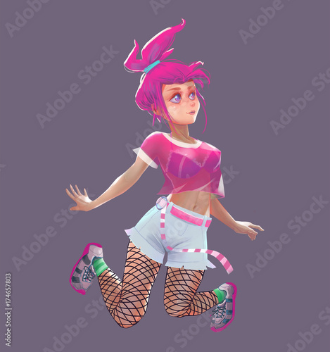 Cool Character: Happy Beauty isolated on Purple Background. Video Game's Digital CG Artwork, Concept Illustration, Realistic Cartoon Style Background and Character Design
