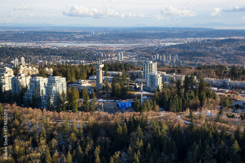 Aerial view of the Buildings on top of Burnaby Mountain in Vancouver, BC, Canada.