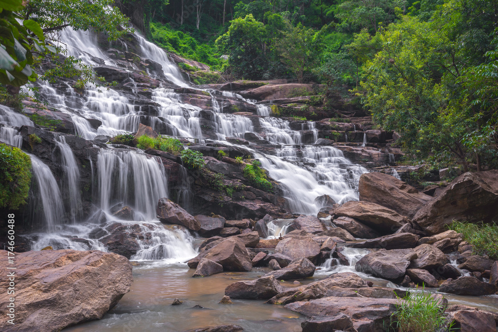 Beautiful scenery of a large waterfall in the nature of rainforest in northern Thailand. At a time when a lot of water.