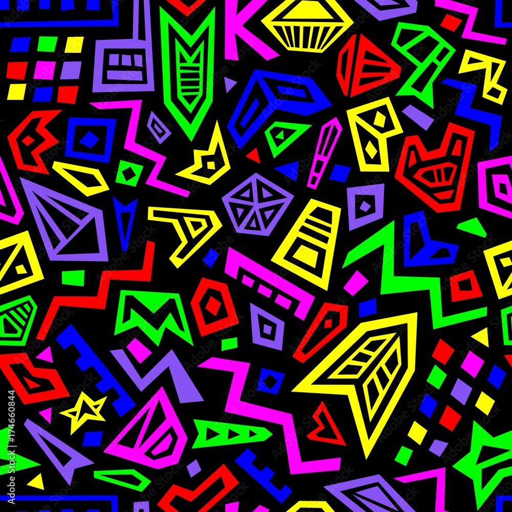 Fototapeta Kolorowy wektor wzór z abstrakcyjnymi liniami, kształtami i figurami geometrycznymi. Stylizacja z lat 80. i 90. XX wieku