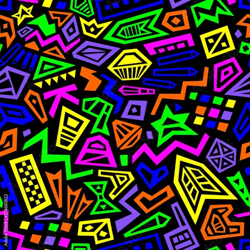 Colorful vector seamless pattern with abstract lines, shapes and geometric figures. 1980s 1990s styled