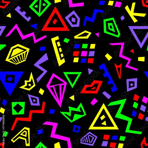 Colorful vector seamless pattern with abstract lines, shapes and geometric figures. 1980s 1990s styled