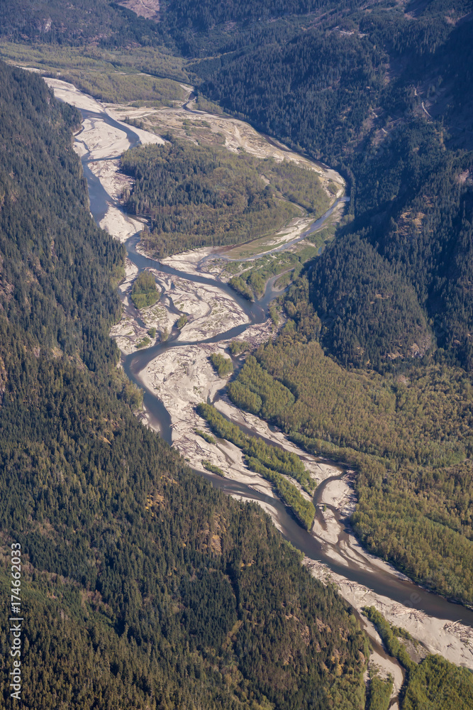 Aerial landscape view of Squamish River running in the valley. Taken North of Vancouver, British Columbia, Canada.
