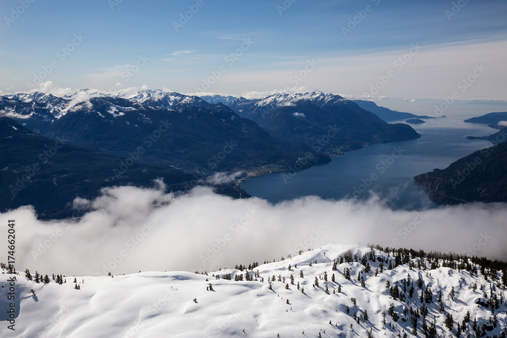 Howe Sound Viewed from an Aerial perspective with mountains in foreground. Taken North of Vancouver, British Columbia, Canada.