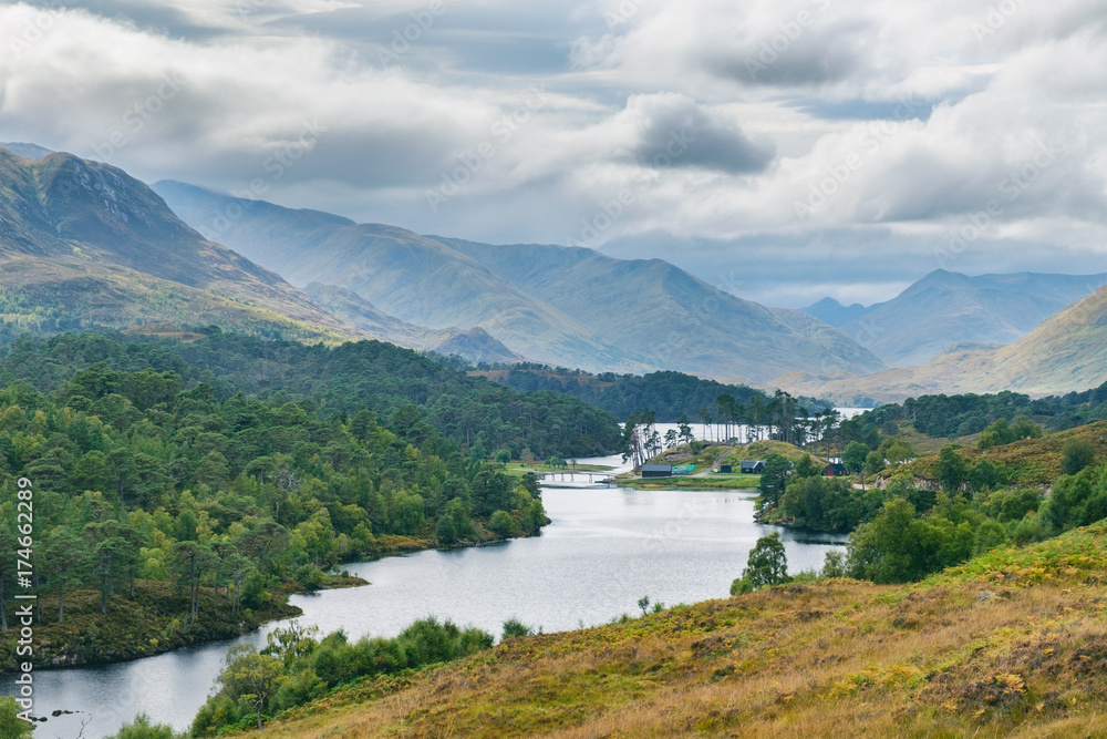 Panoramic view of Loch Affric with the ancient Caledonian Pine Forest. Glen Affric National Nature Reserve, Scotland, UK