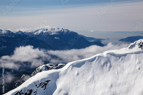 Howe Sound Viewed from an Aerial perspective with mountains in foreground. Taken North of Vancouver, British Columbia, Canada.