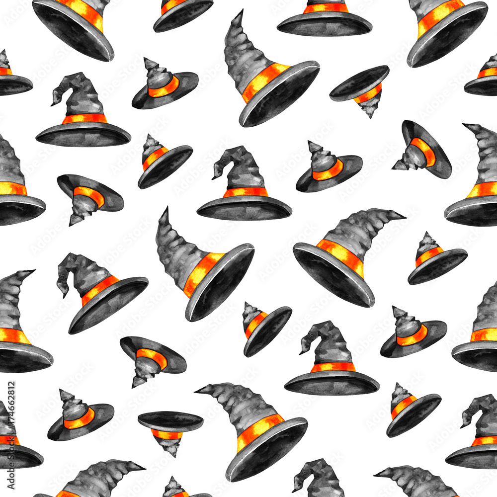 Seamless pattern with magic hat isolated on white background. Happy Halloween watercolor