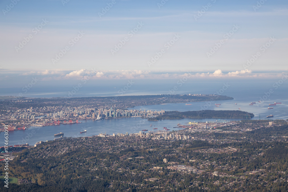 Vancouver City, British Columbia, Canada. Taken during a hazy morning from an aerial perspective.