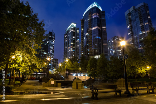 City Night View with Buildings in the Background. Taken in Harbour Green Park  Downtown Vancouver  BC  Canada.