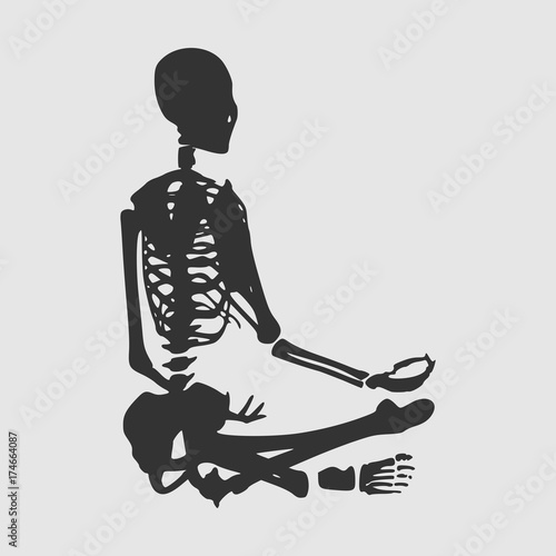 Human skeleton in yoga meditation pose. Front view. Vector illustration. Halloween party design template