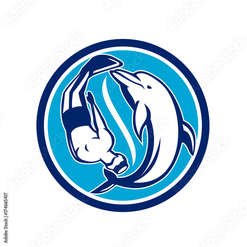 Free Diver and Dolphin Yin Yang Circle Retro