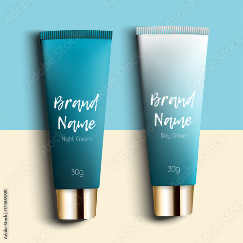 day and night cream. Realistic packaging for cosmetics with three templates. Pipe cream - bright, trendy, young background, top view. Advertising of fashionable cosmetics. Vector illustration. photo