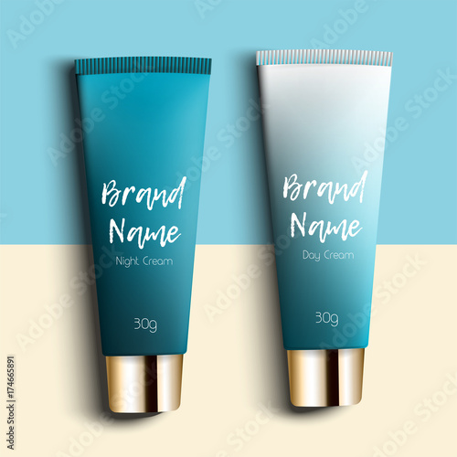 day and night cream. Realistic packaging for cosmetics with three templates. Pipe cream - bright, trendy, young background, top view. Advertising of fashionable cosmetics. Vector illustration.